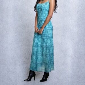 Vintage Y2K Teddi Petite Aqua Blue Geometric Print Lined Maxi Dress Size 8P